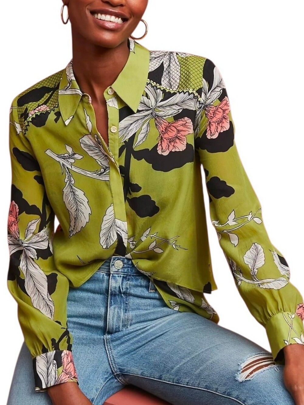 Anthro Ryerson Blouse Vineet Bahl olive green floral print textured Size Small